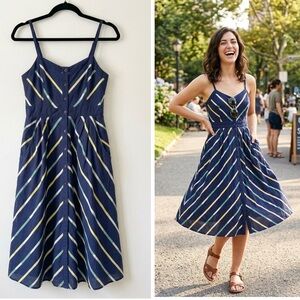 Urban Outfitters Cooperative Chevron Stripe Navy Cotton Sun Dress Midi Pockets 6